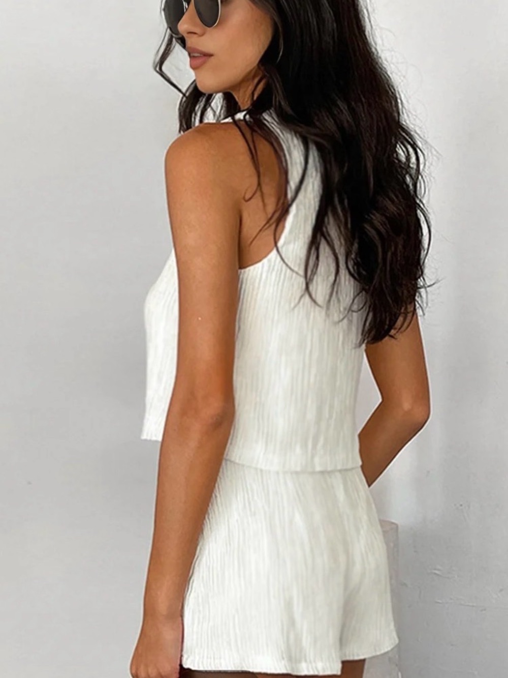 COMMENSE SOLID TIE FRONT VEST Short Set